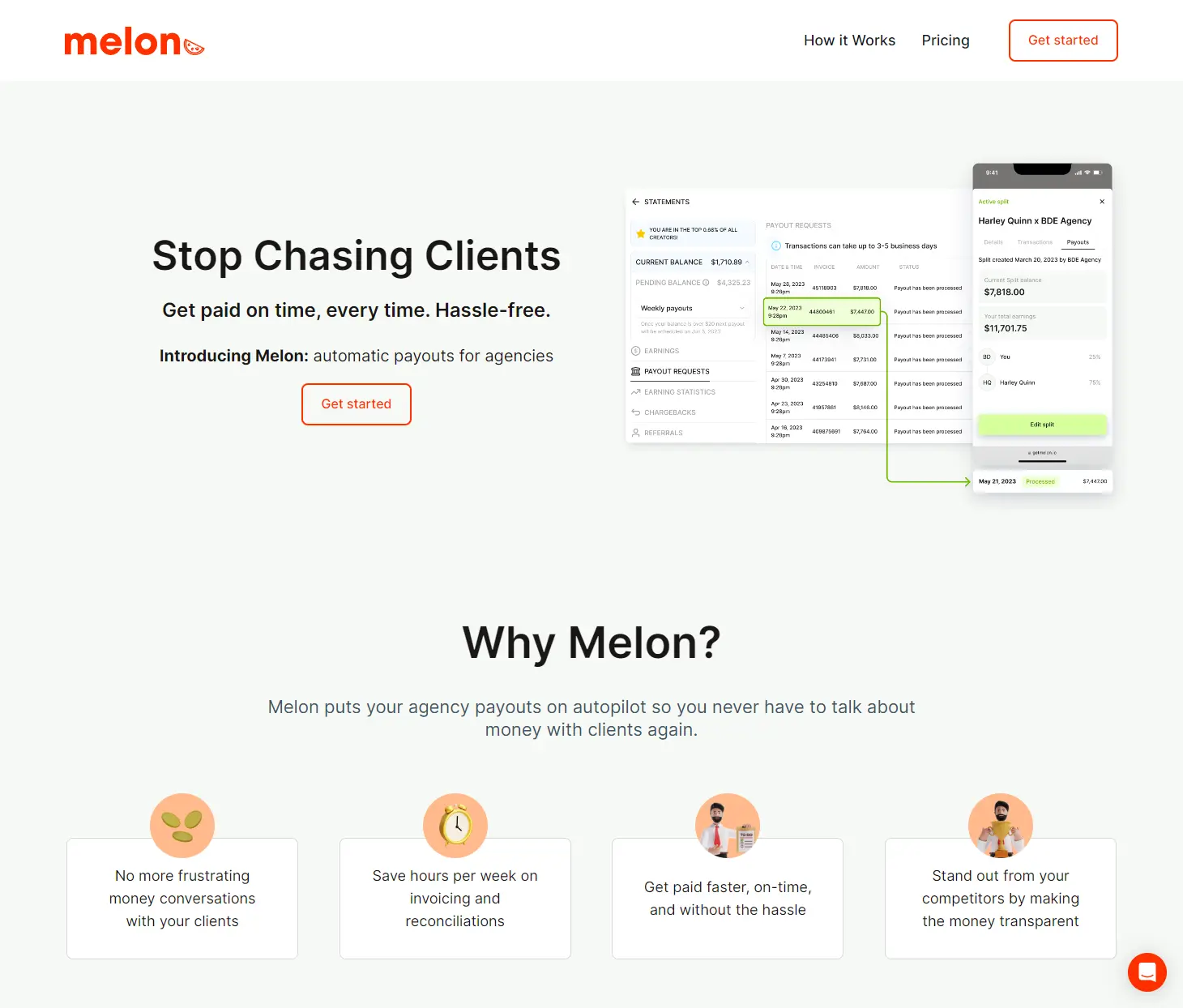 Screenshot of Melon website. Agency's website that put payouts on autopilot so clients never have to talk about money with clients again.